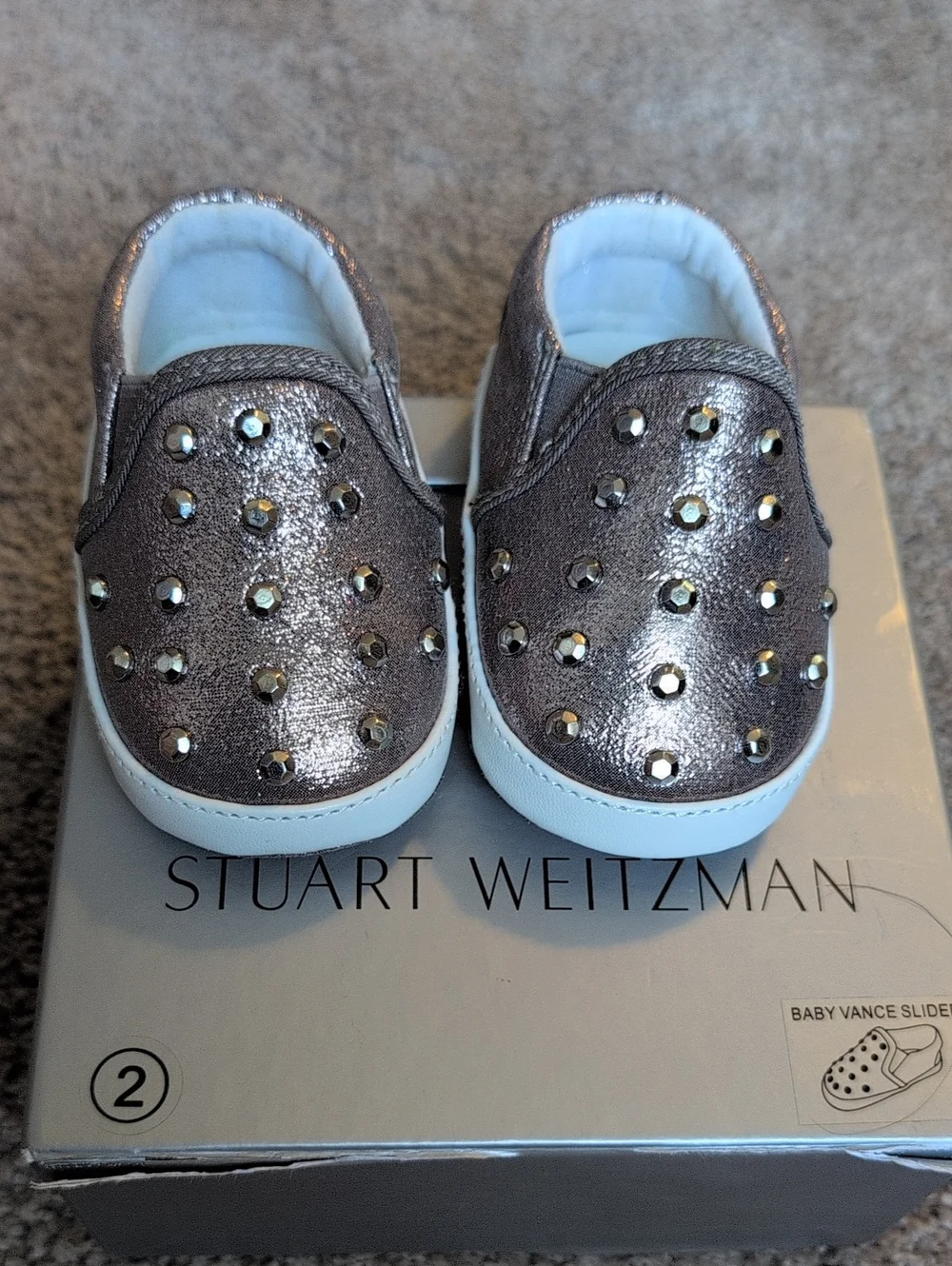 NIB - Stuart Weitzman Metallic Rise Gold Studded Baby Slip-On Shoes (Size 2)